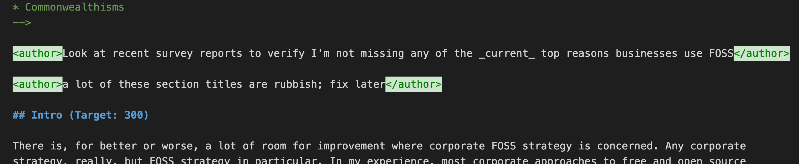 A screenshot of a portion of a source file for the inbound strategy chapter of my second book. It shows two examples of author tags and an example of the Section Word Count Targets header formatting